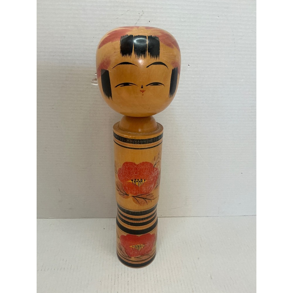 Vintage Japanese Kokeshi Doll Hand Painted Floral Wooden Folk Art Signed 12.5"
